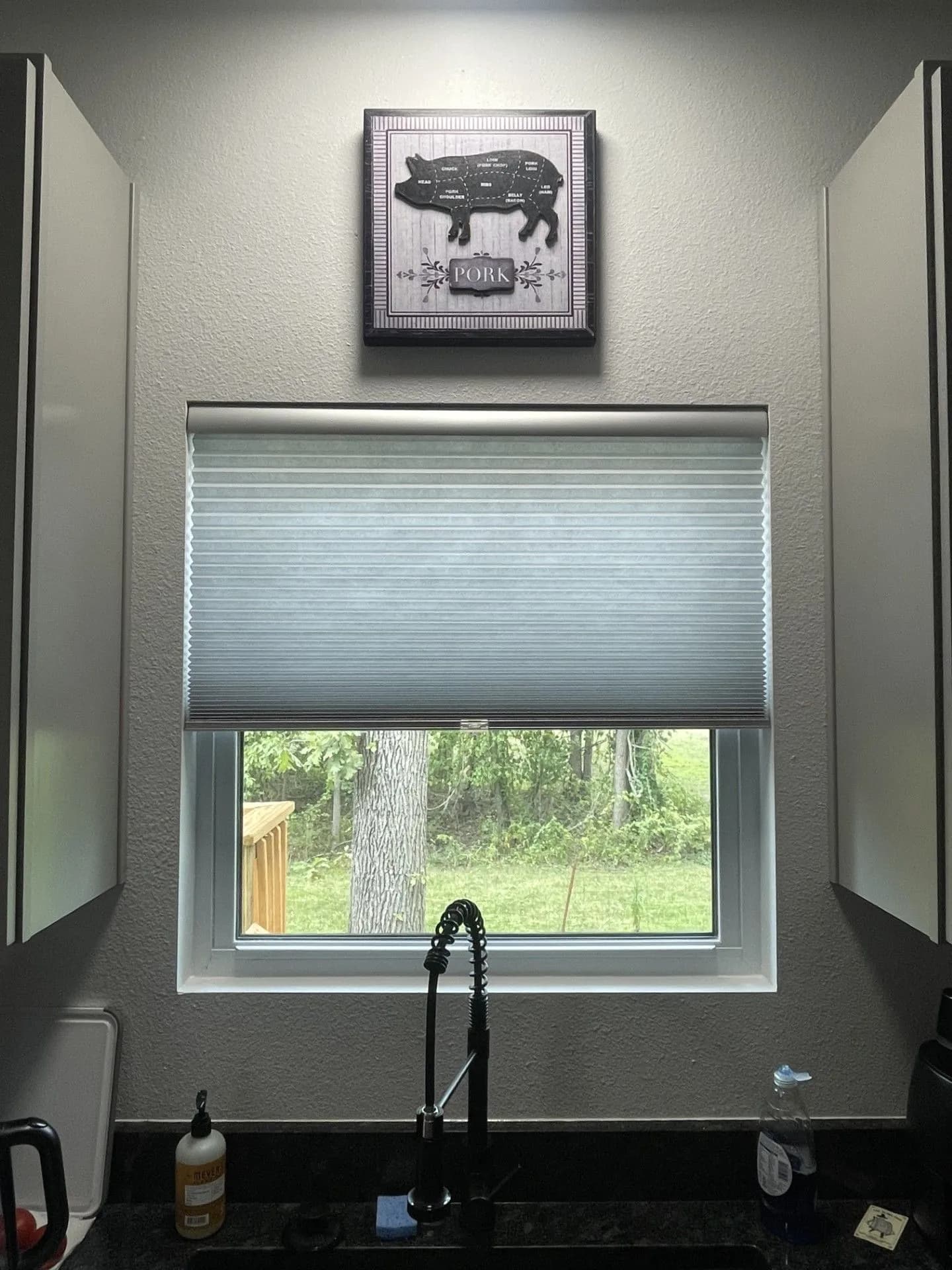 Cellular shades on a window opening from the bottom