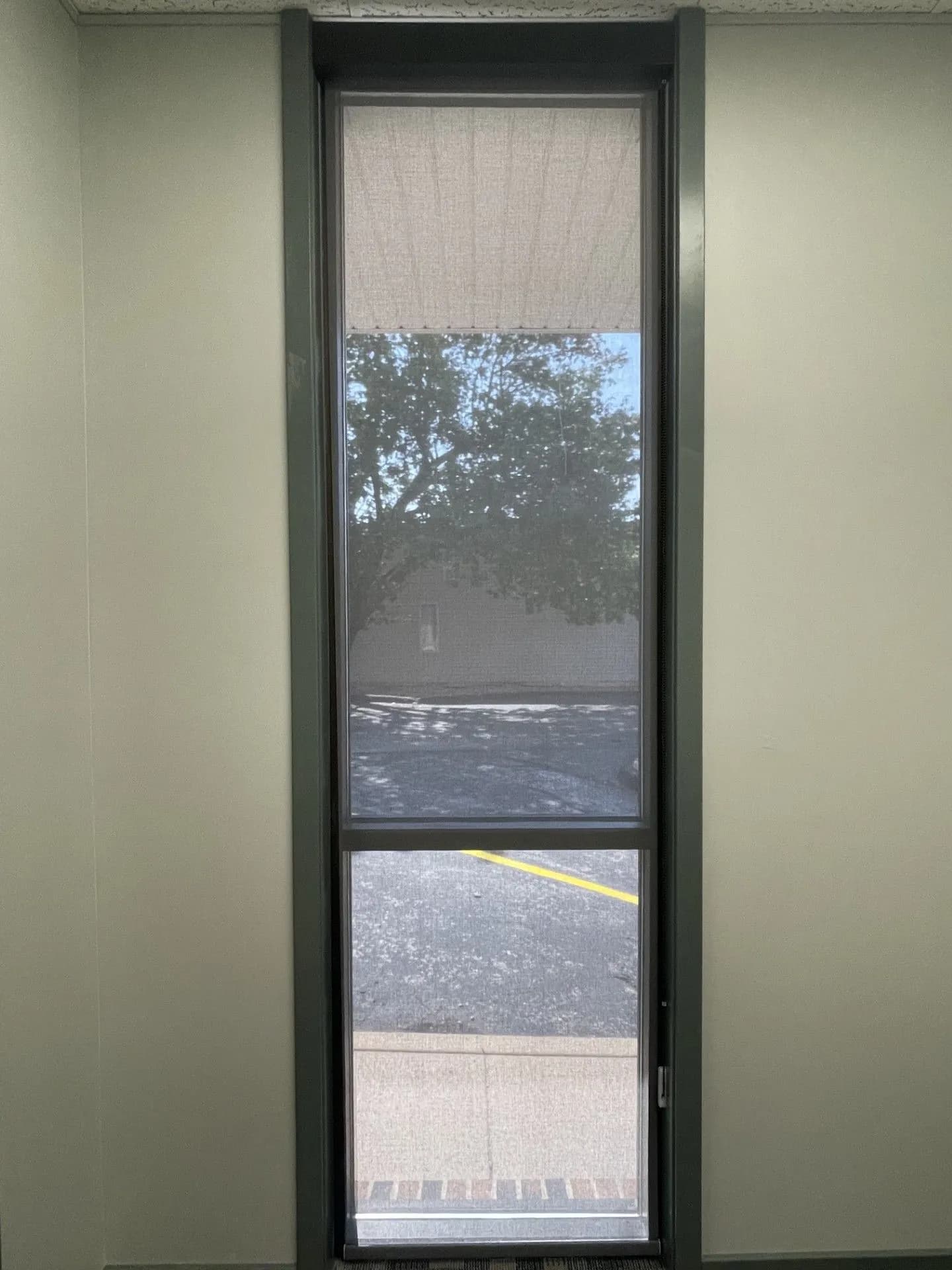 Roller shades halfway open on a long narrow window